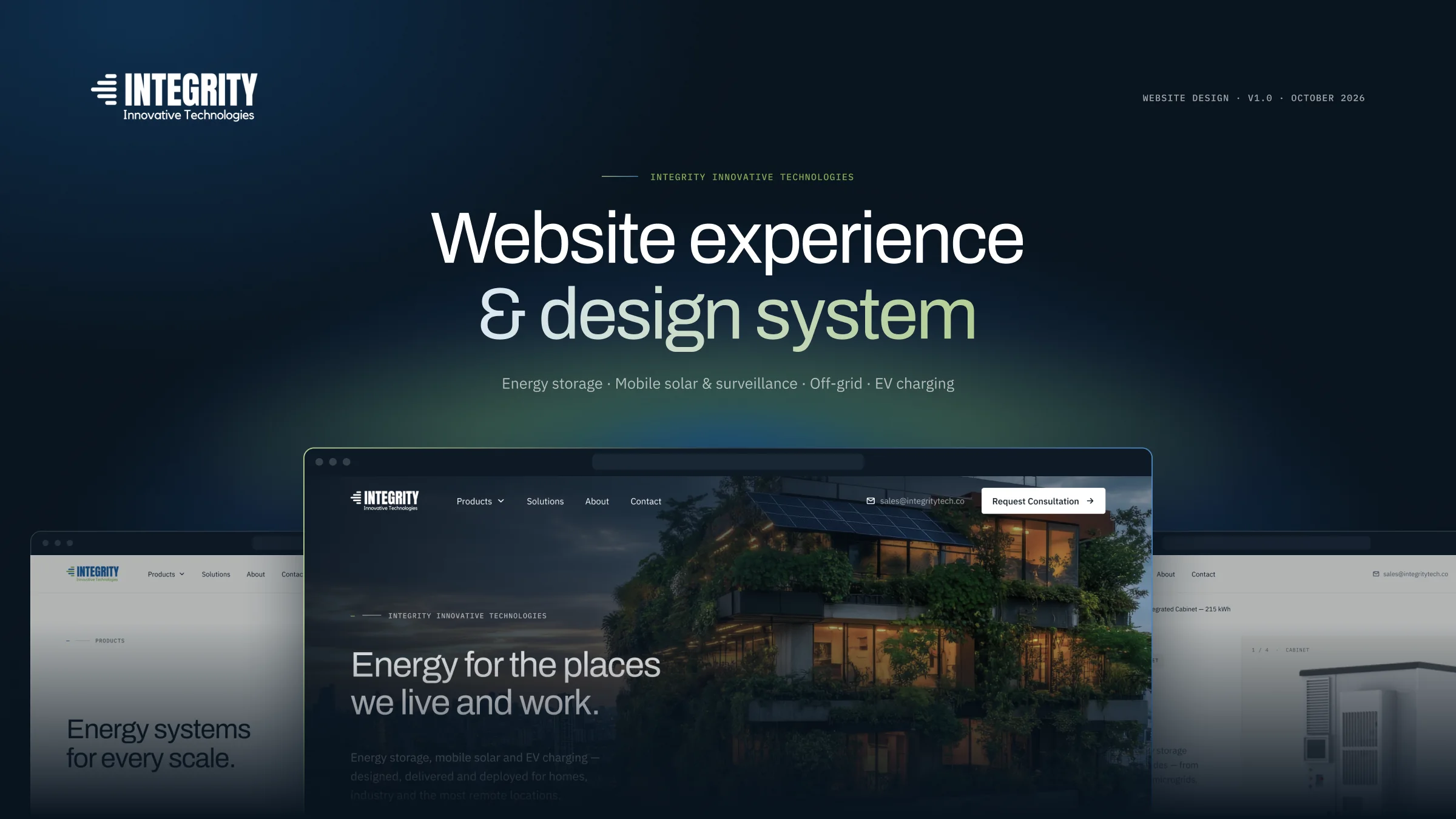 Integrity cover: “Website experience & design system” above the responsive website on desktop, tablet and mobile