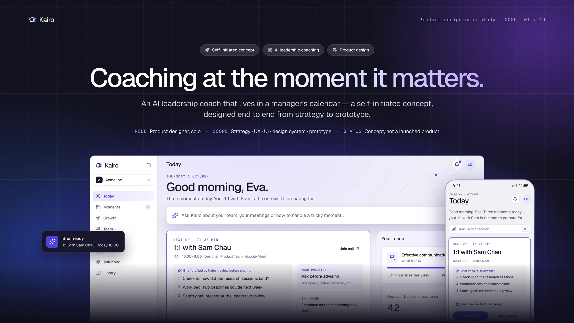 Kairo cover: “Coaching at the moment it matters.” with the Today screen on desktop and mobile