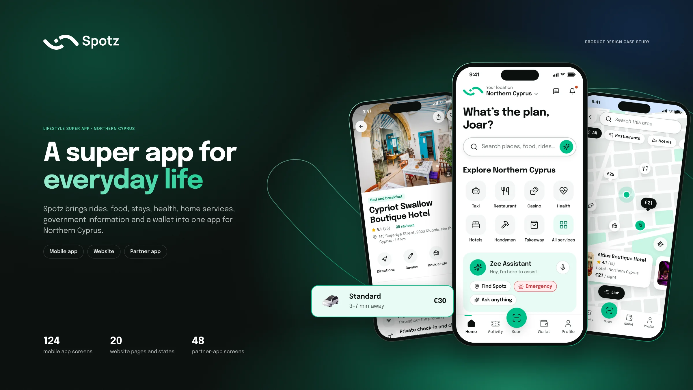 Spotz cover: “A super app for everyday life” with the hotel, home and explore screens
